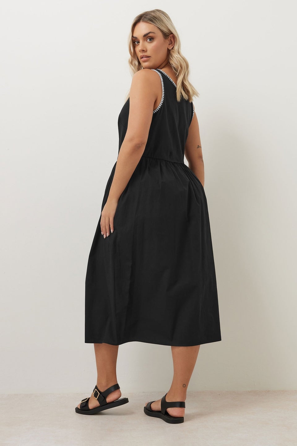 Yours Curve Black Contrast Blanket Stitch Midi Dress