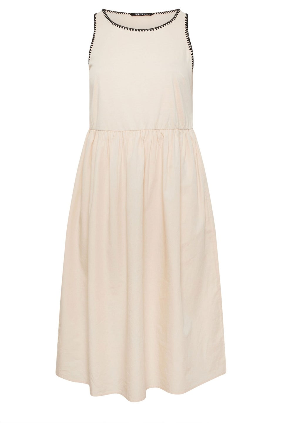 Yours Curve Natural Brown Contrast Blanket Stitch Midi Dress