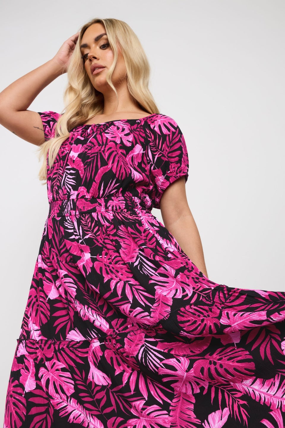 Yours Curve Hot Pink Palm Print Tie Neck Maxi Dress