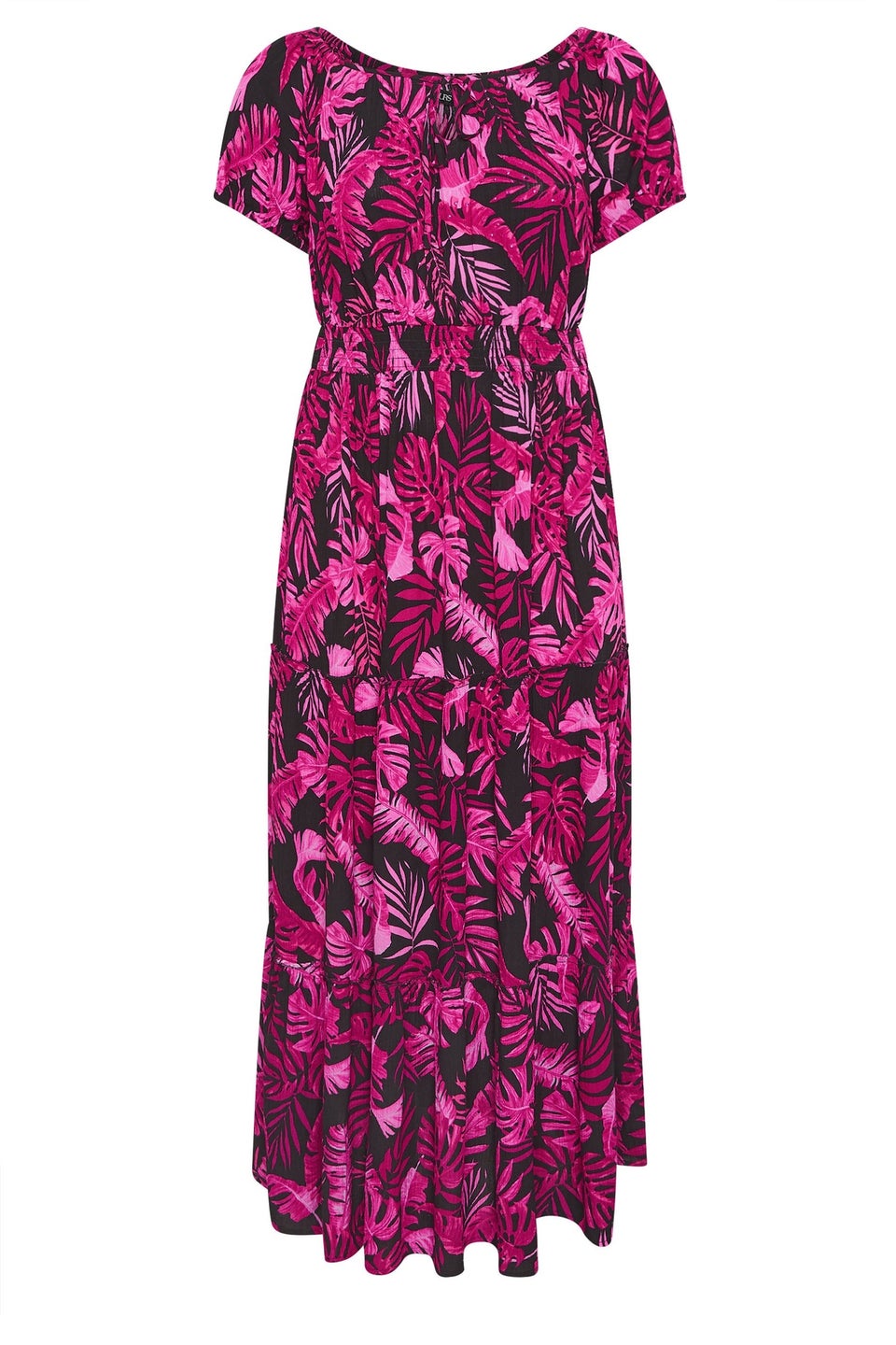 Yours Curve Hot Pink Palm Print Tie Neck Maxi Dress