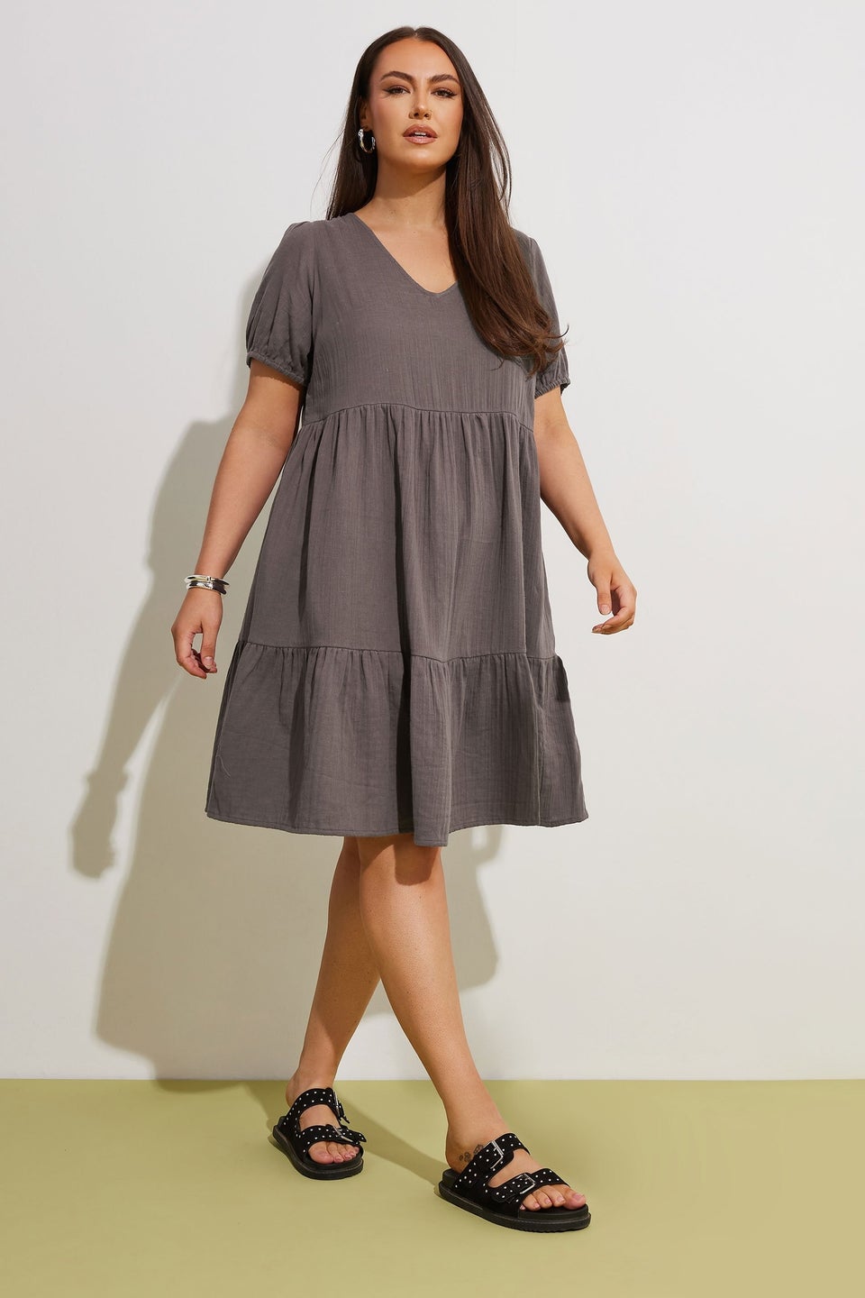 Yours Curve Chocolate Brown Tiered Smock Mini Dress
