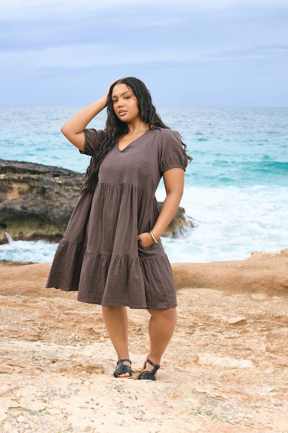 Yours Curve Chocolate Brown Tiered Smock Mini Dress