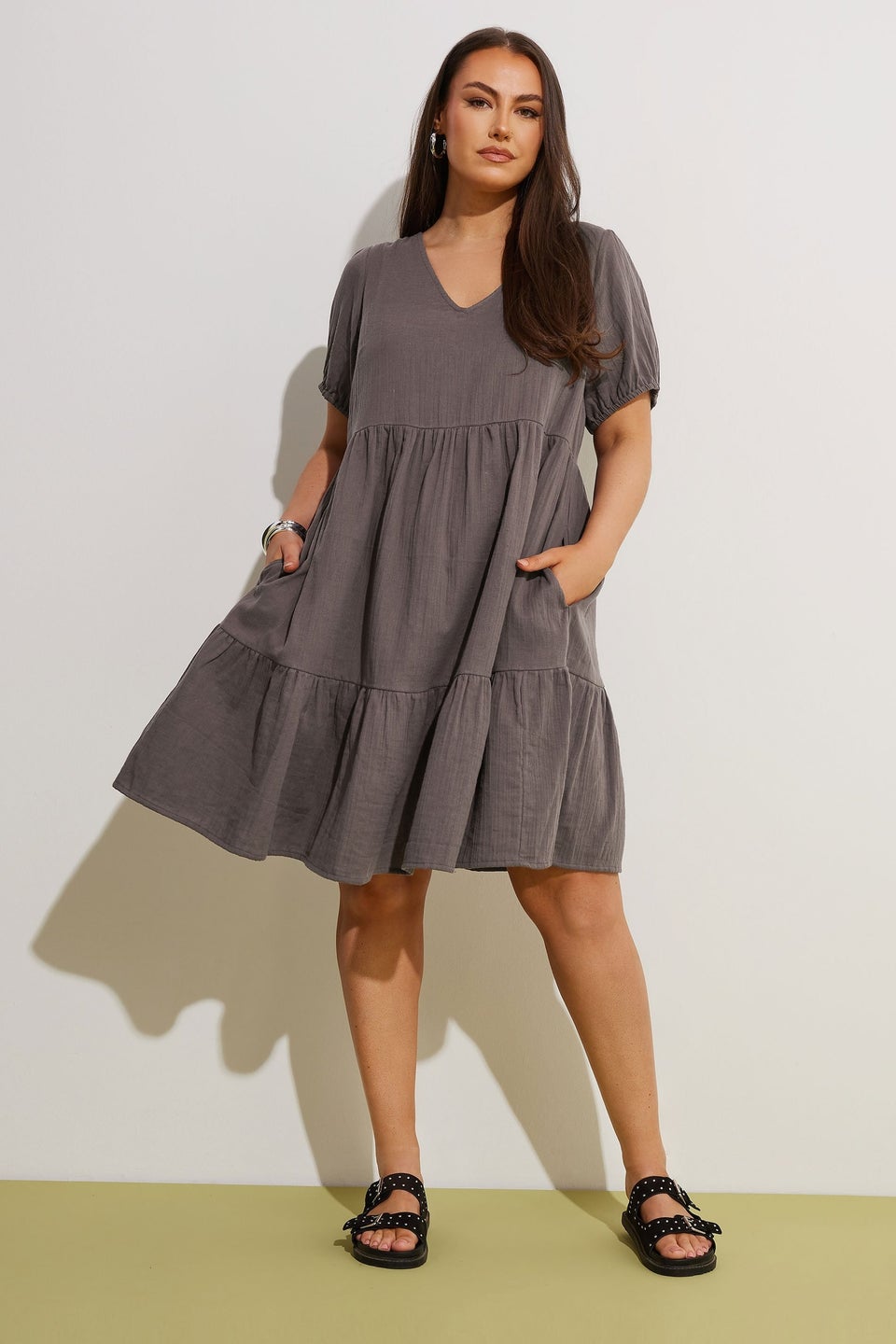 Yours Curve Chocolate Brown Tiered Smock Mini Dress