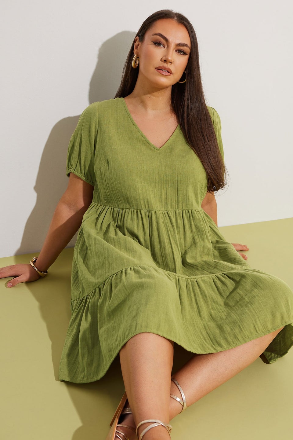 Yours Curve Olive Green Tiered Smock Mini Dress