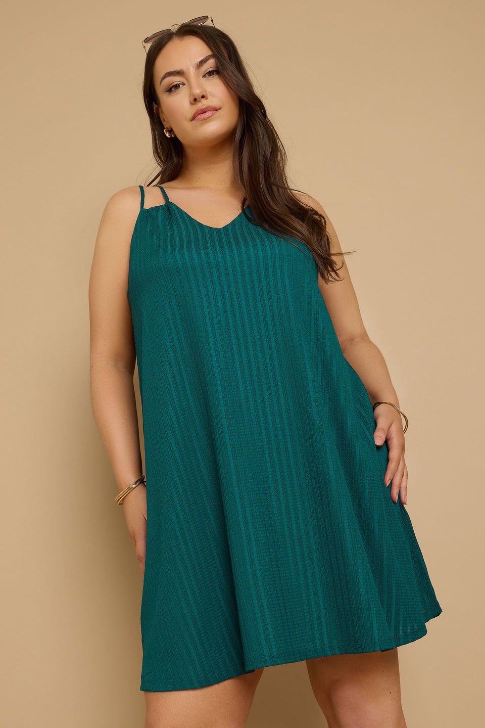 Yours Curve Emerald Green Textured Double Strap Mini Dress