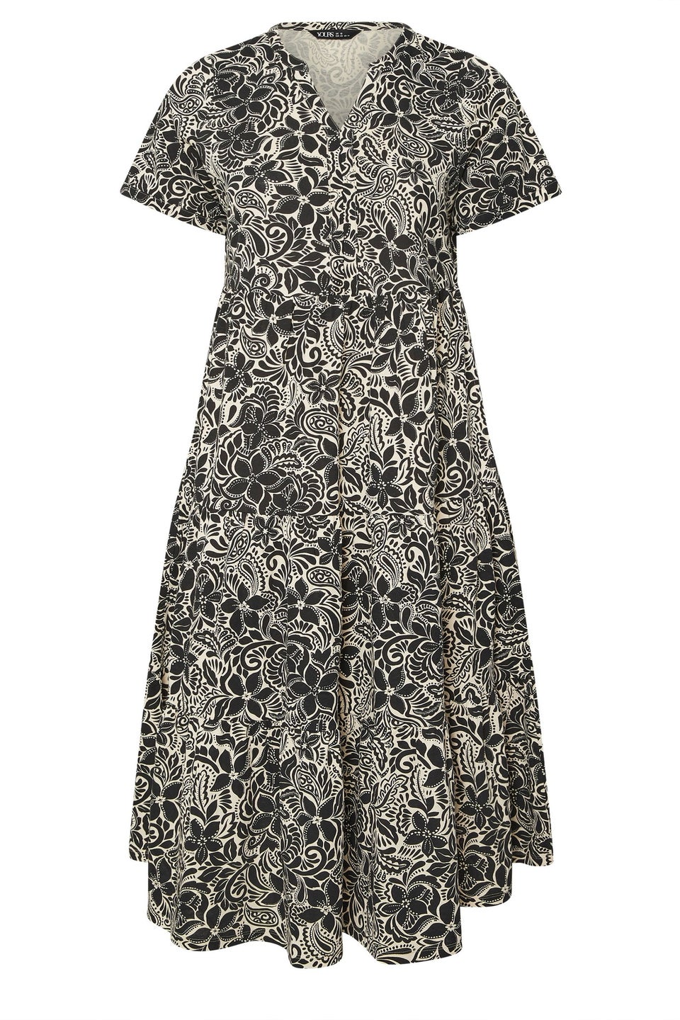 Yours Curve Black Floral Print Tiered Cotton Midaxi Dress