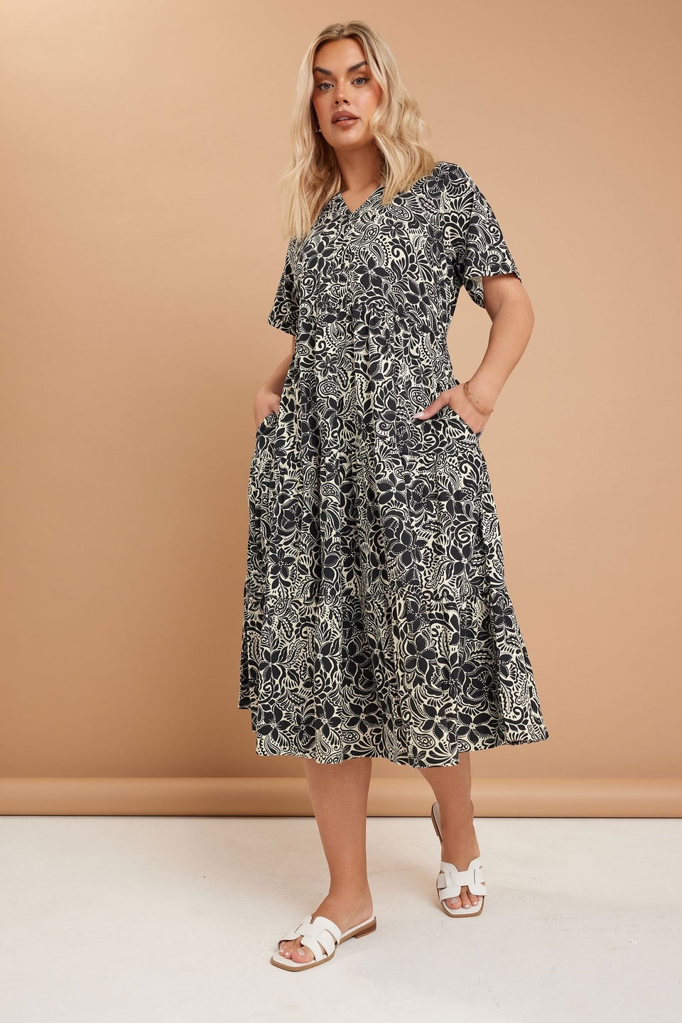 Yours Curve Black Floral Print Tiered Cotton Midaxi Dress