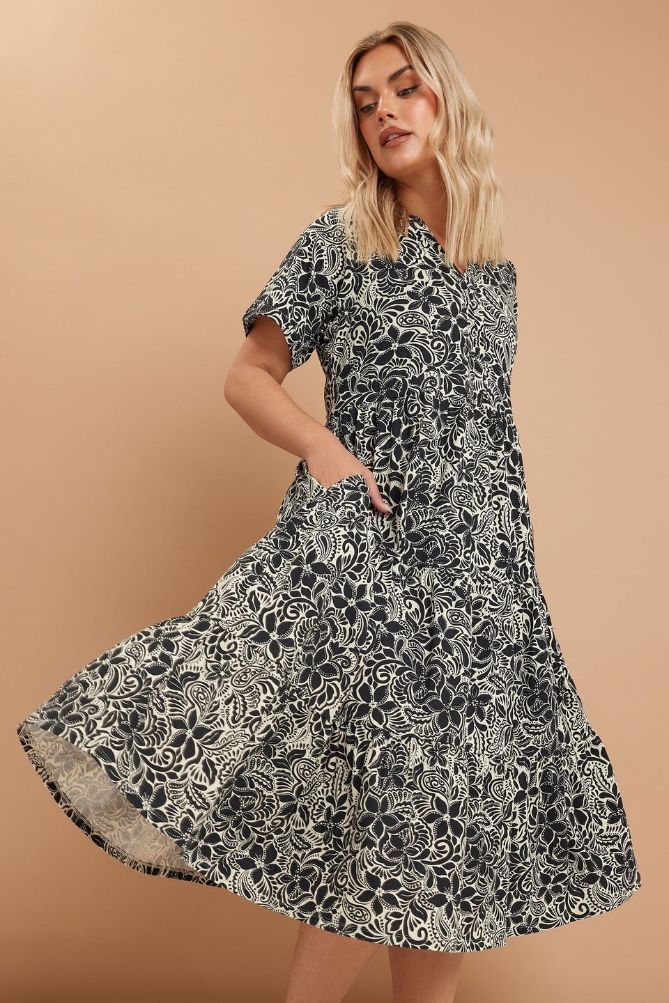 Yours Curve Black Floral Print Tiered Cotton Midaxi Dress