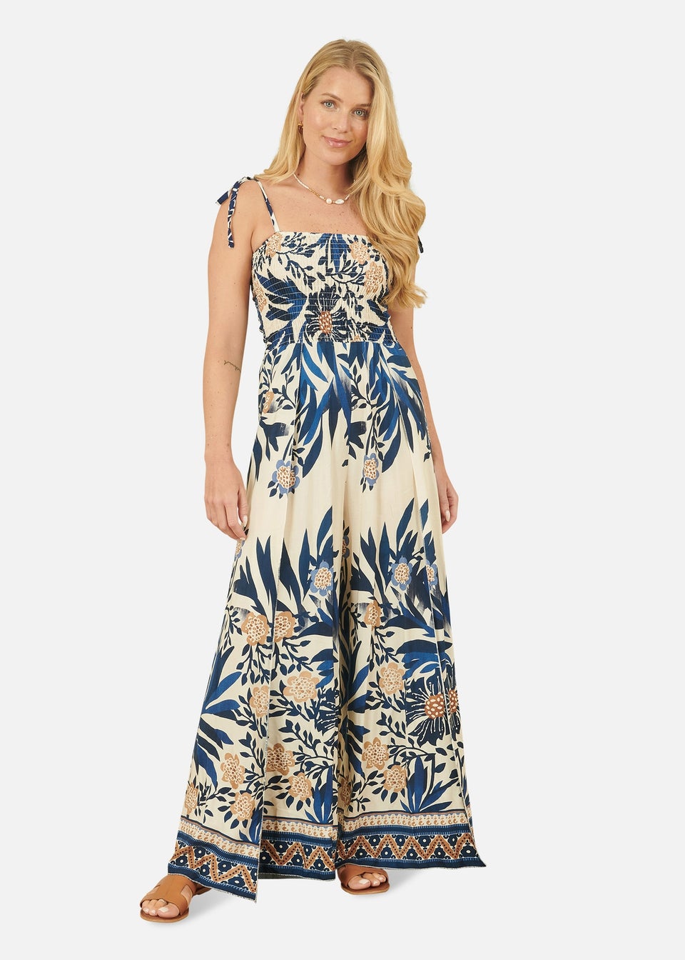 Yumi Navy Palm Print Strappy Viscose Jumpsuit