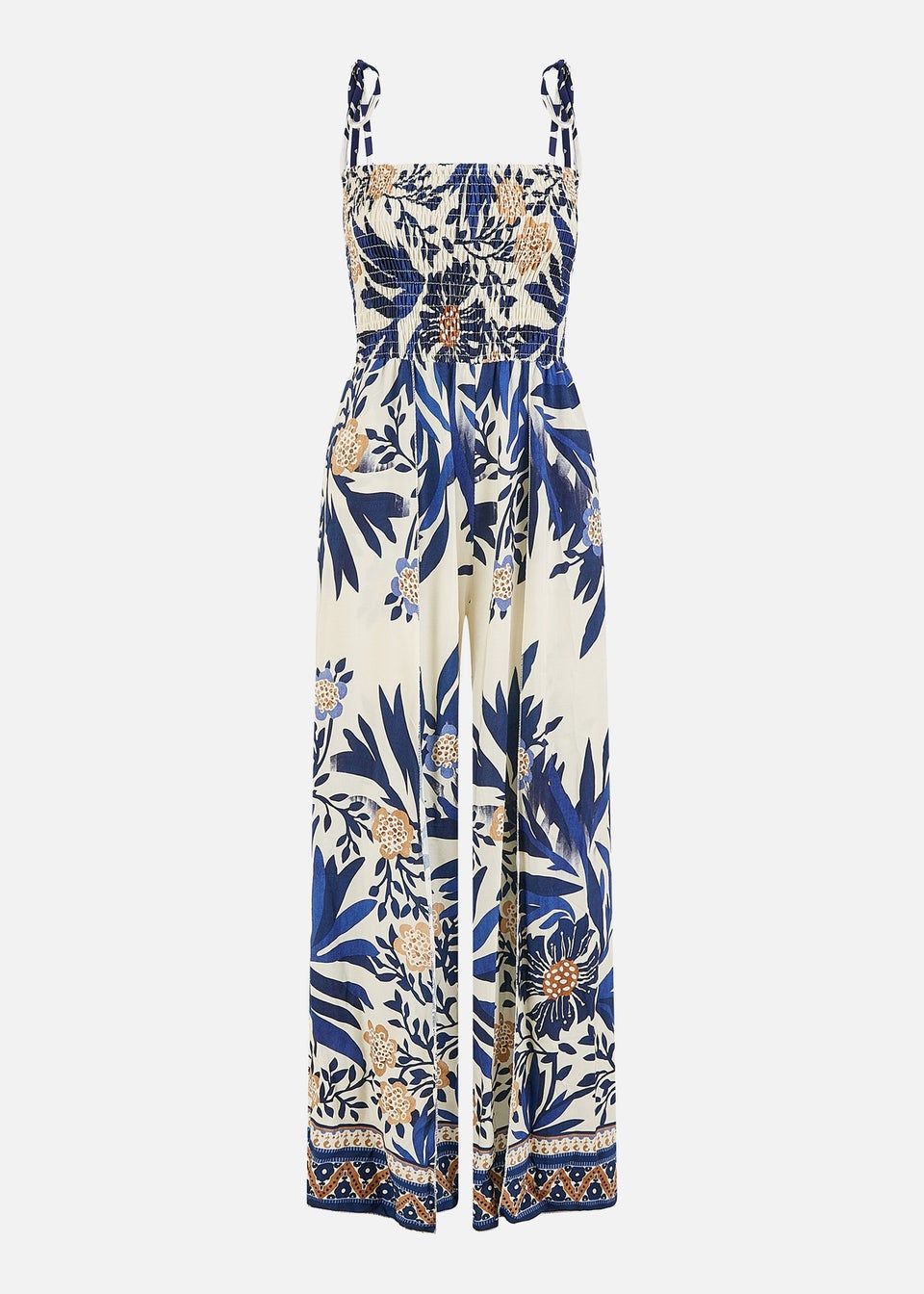 Yumi Navy Palm Print Strappy Viscose Jumpsuit