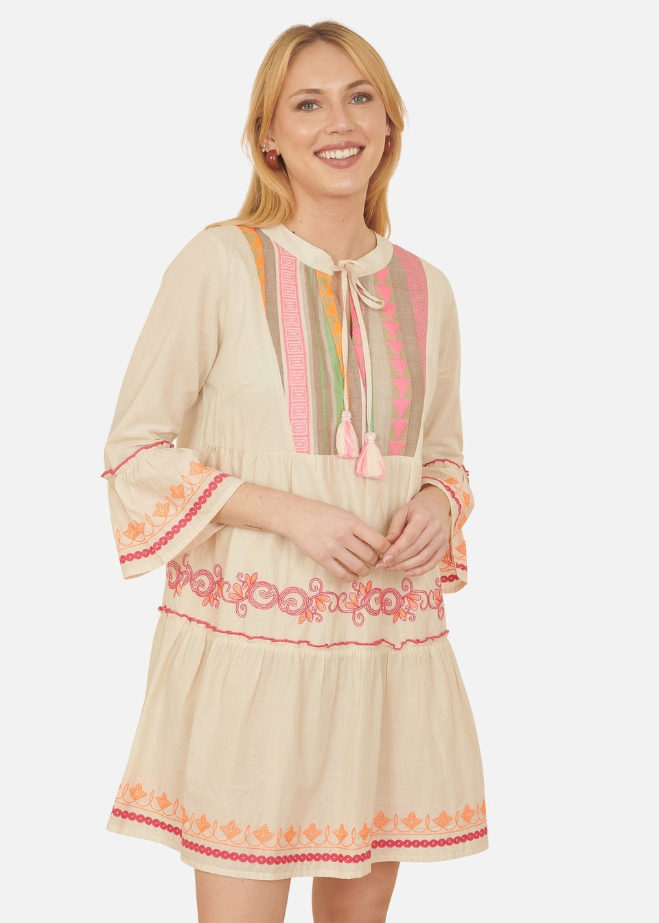 Yumi Beige Embroidered Cotton Tunic