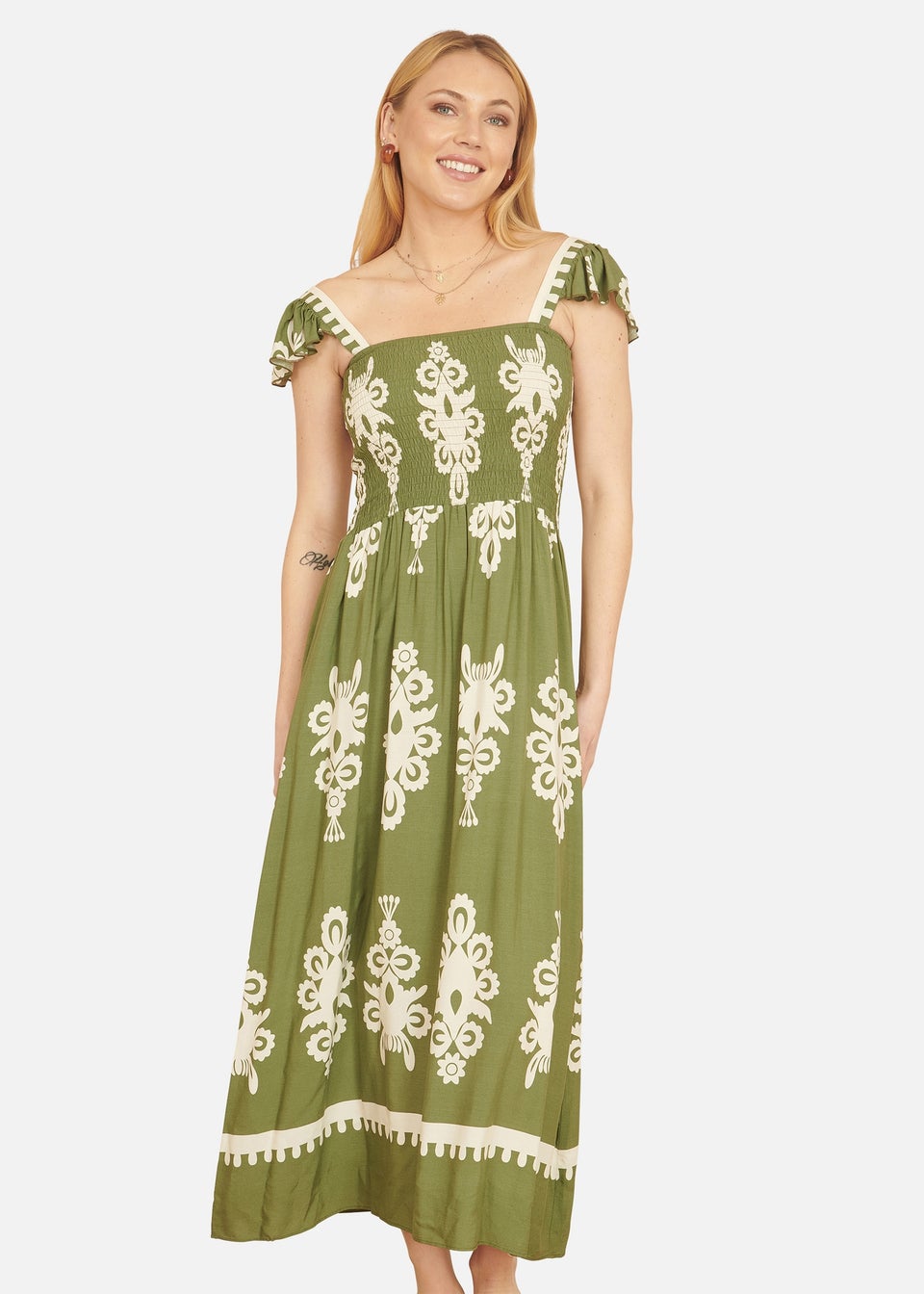 Yumi Green Block Print Ruched Maxi Dress