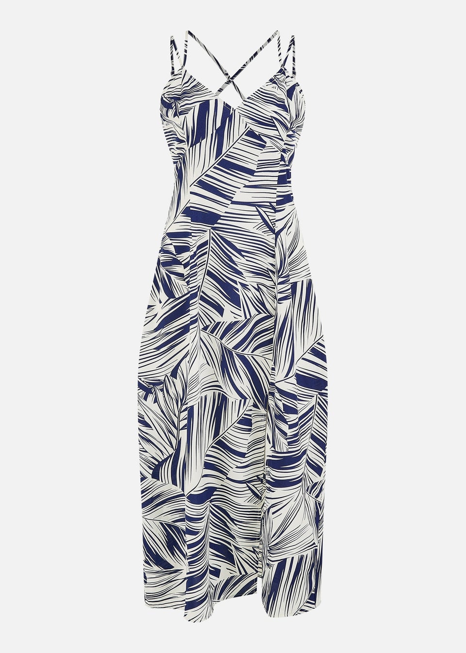 Yumi Navy Leaf Print Maxi Dress With Cross Back