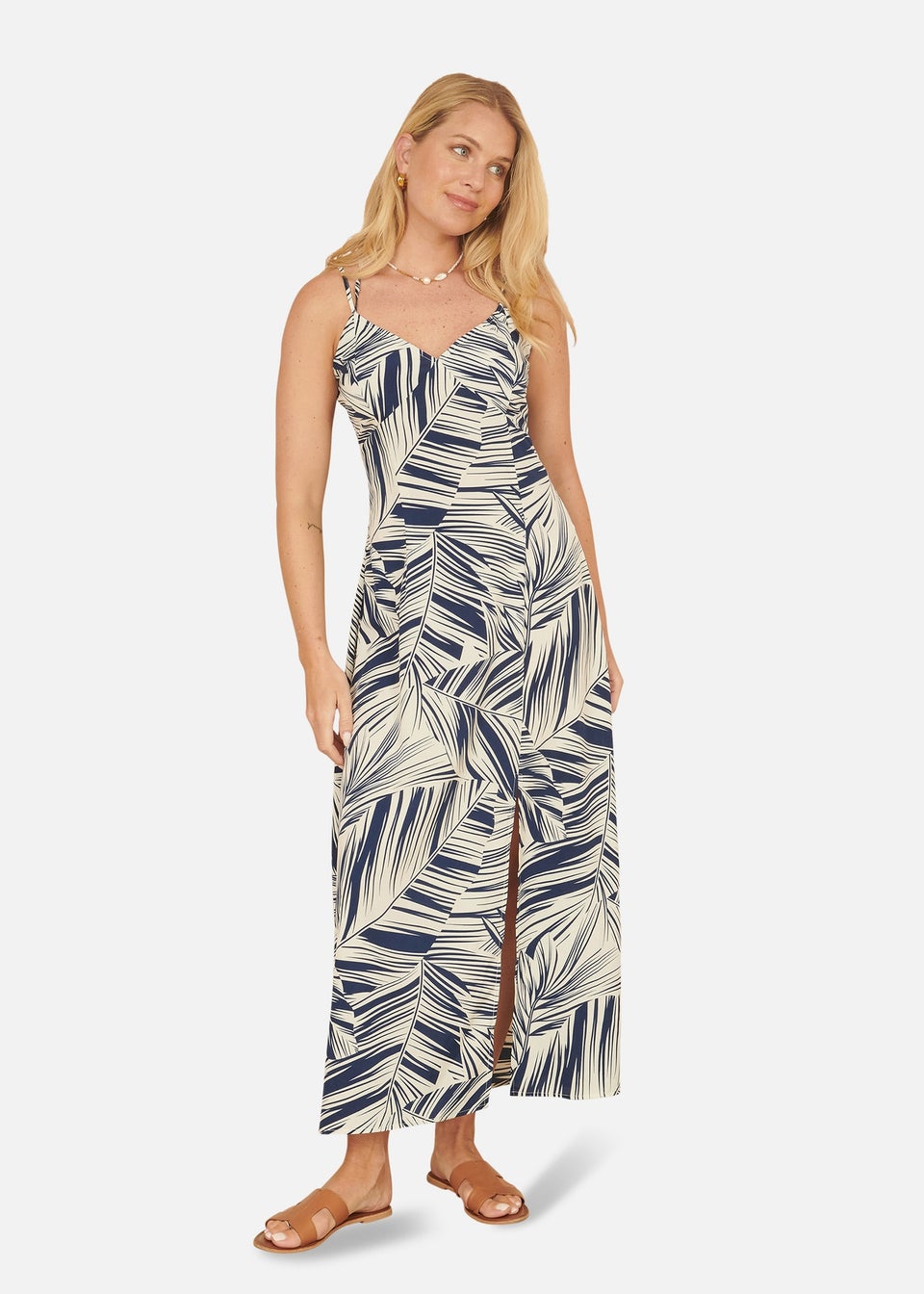 Yumi Navy Leaf Print Maxi Dress With Cross Back