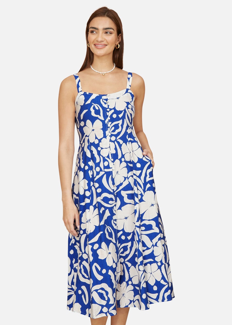 Yumi Blue Floral Button Through Midi Dress
