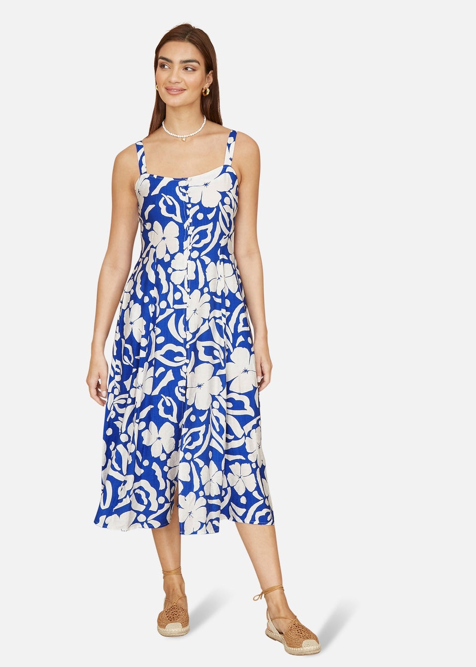 Yumi Blue Floral Button Through Midi Dress
