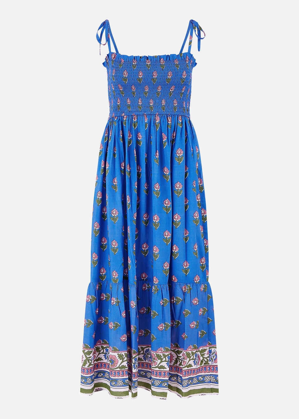 Yumi Blue Strappy Paisley Print Midi Dress With Ruched Bodice