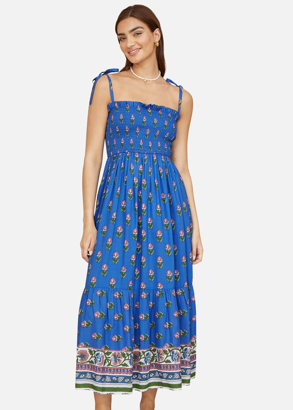 Yumi Blue Strappy Paisley Print Midi Dress With Ruched Bodice