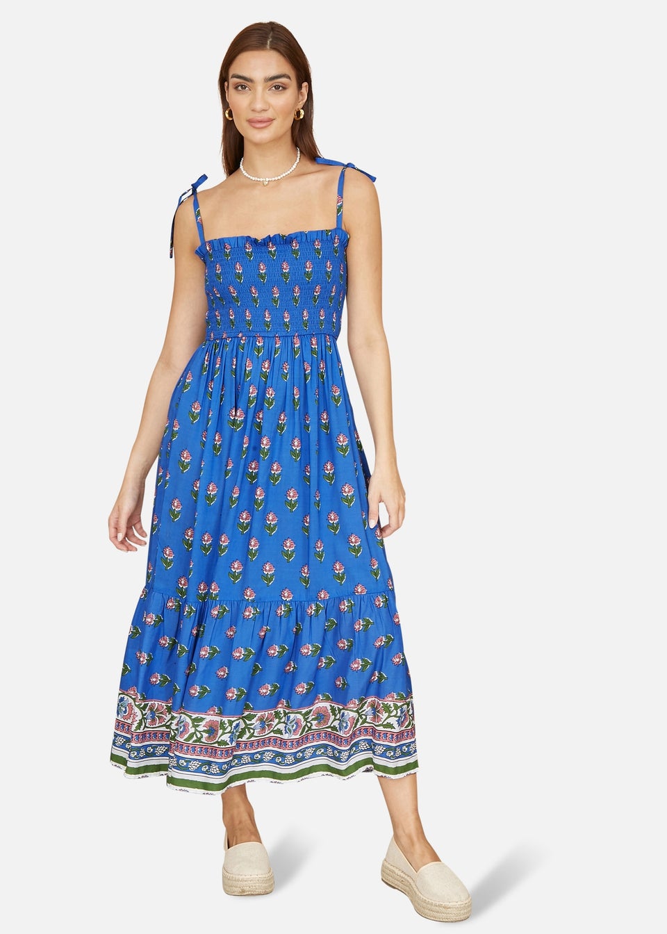 Yumi Blue Strappy Paisley Print Midi Dress With Ruched Bodice
