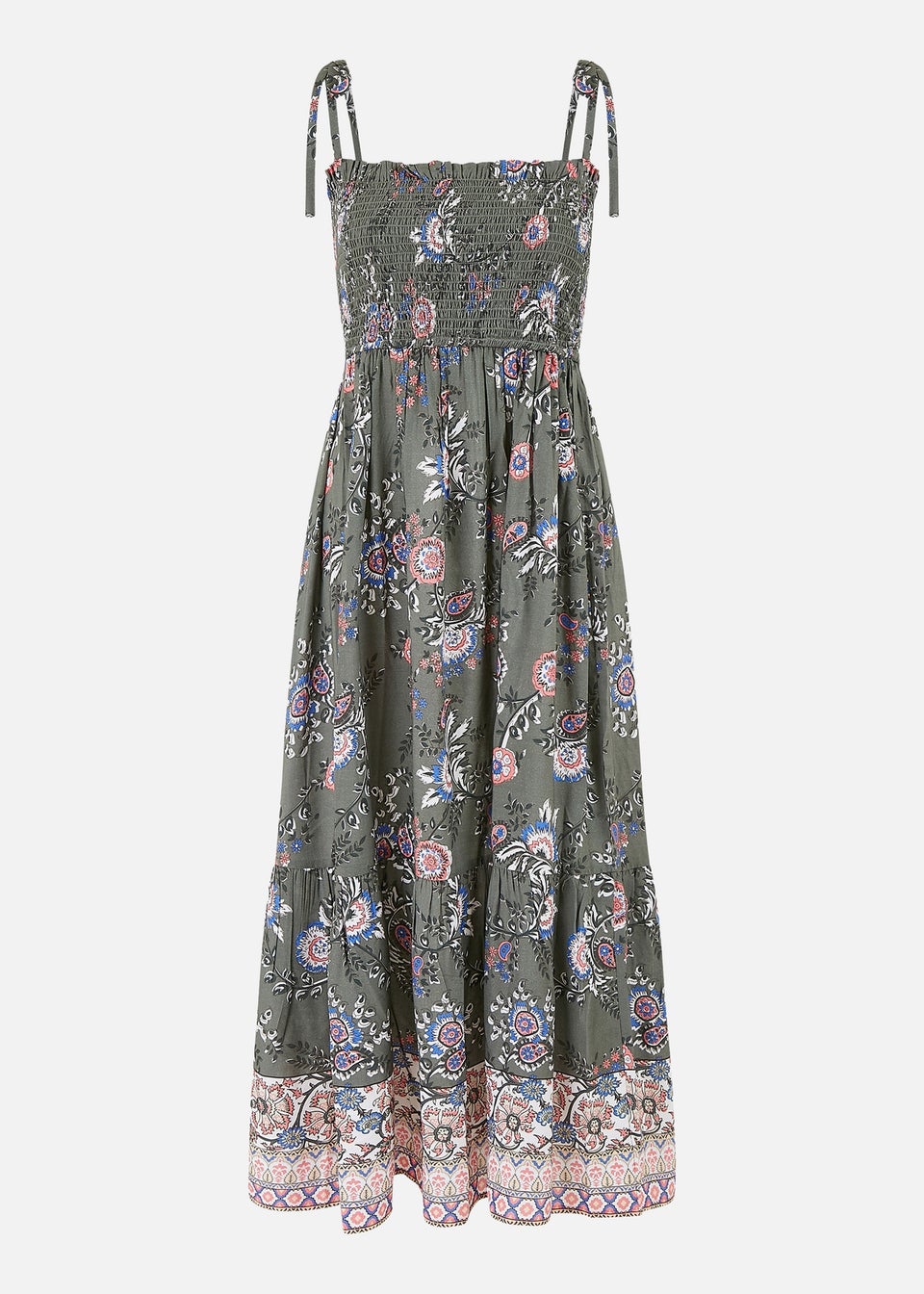Yumi Green Strappy Paisley Print Midi Dress With Ruched Bodice
