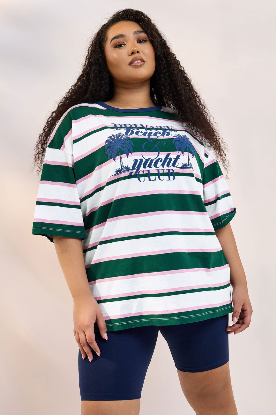 Yours Curve Green 'Beach Club' Slogan Stripe T-Shirt