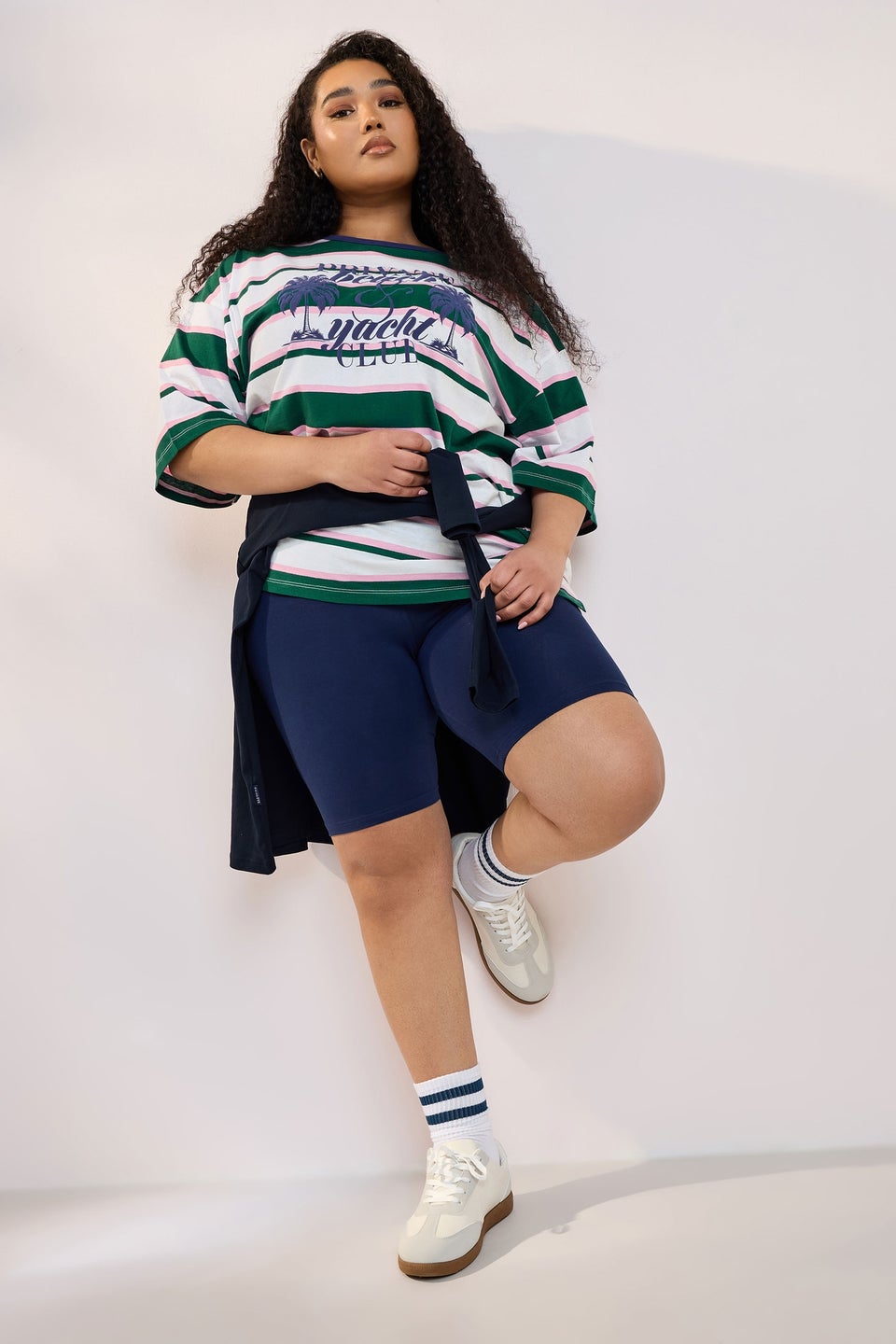 Yours Curve Green 'Beach Club' Slogan Stripe T-Shirt