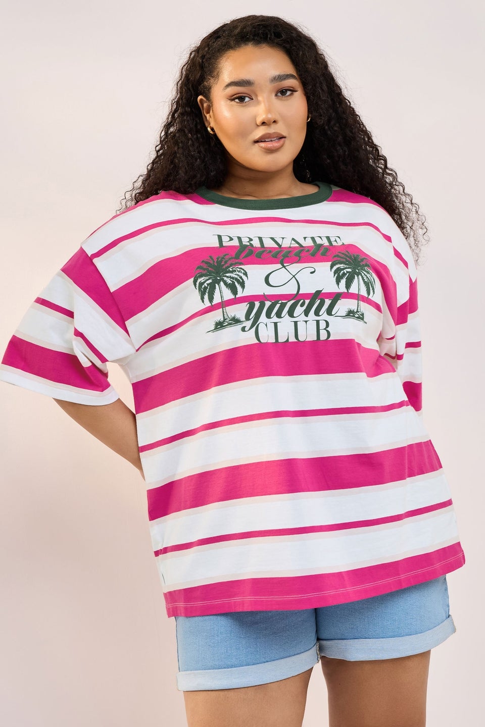 Yours Curve Pink 'Beach Club' Slogan Stripe T-Shirt