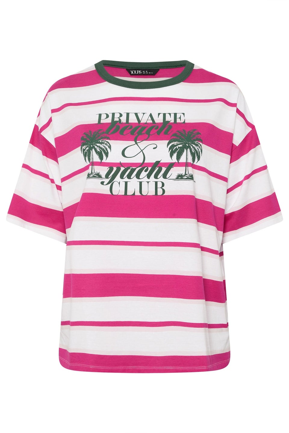 Yours Curve Pink 'Beach Club' Slogan Stripe T-Shirt