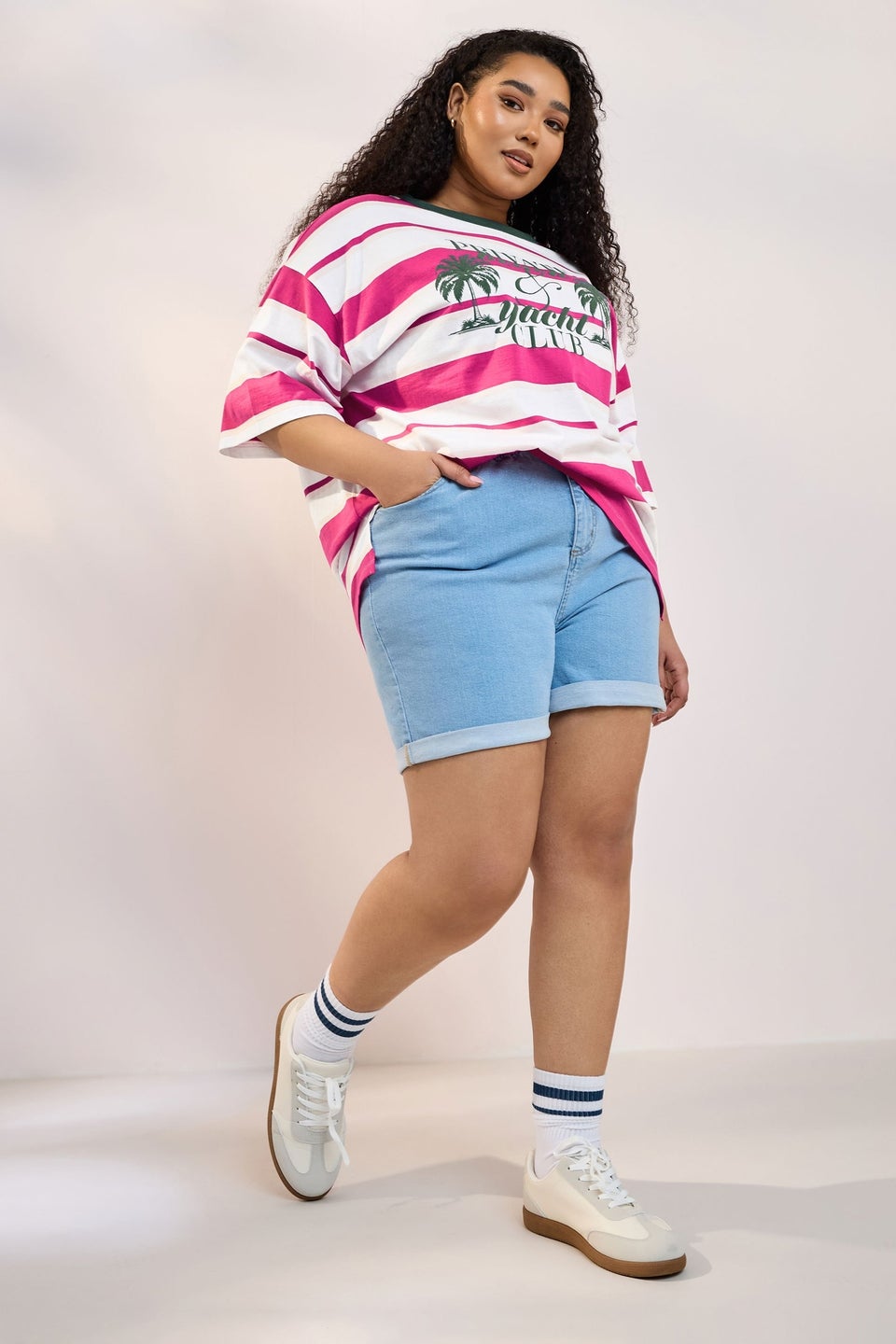 Yours Curve Pink 'Beach Club' Slogan Stripe T-Shirt
