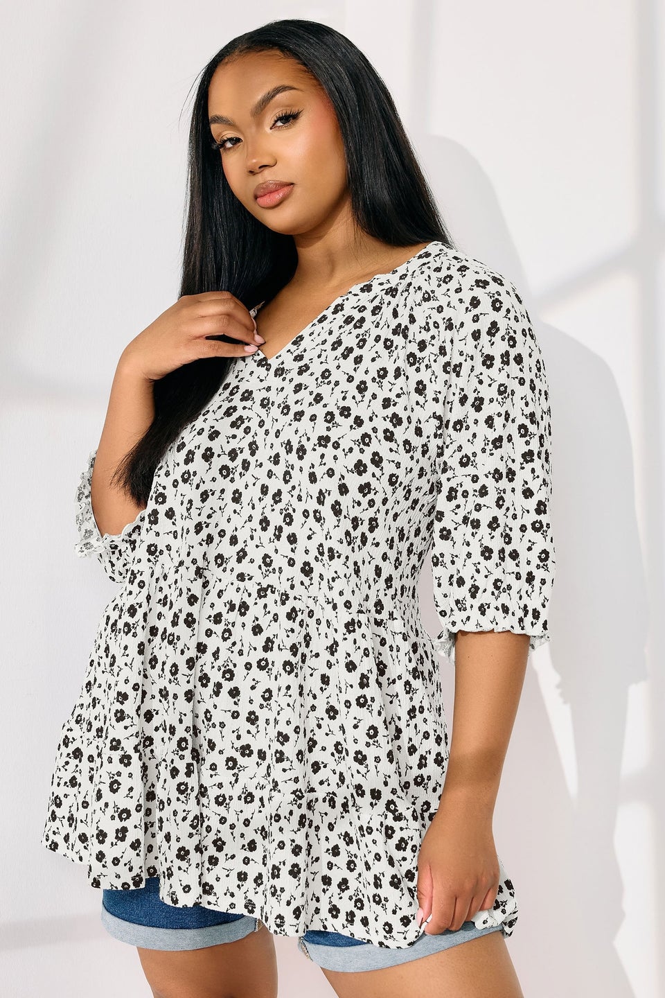 Yours Curve White Ditsy Floral Tiered Top