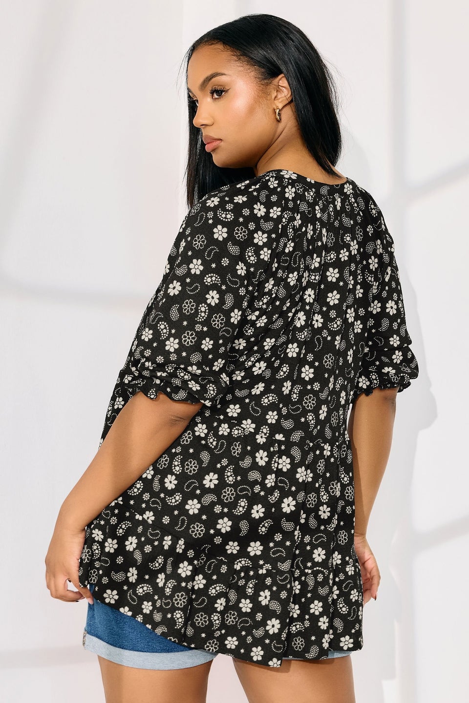 Yours Curve Black Floral Paisley Print Tiered Top
