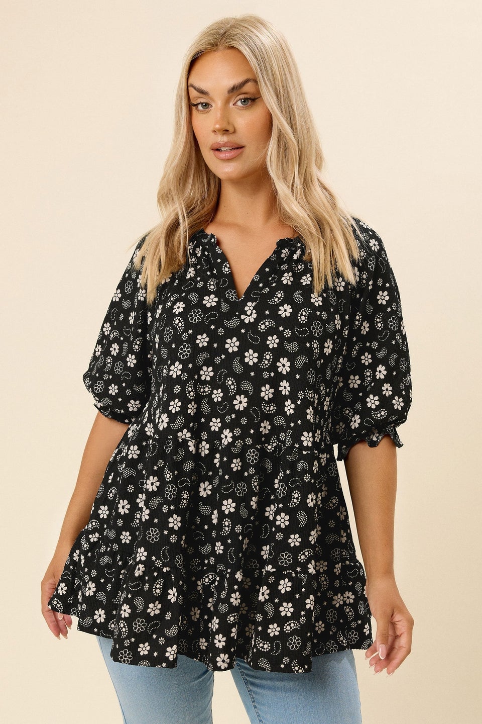 YOURS Curve Black Floral Paisley Print Tiered Top