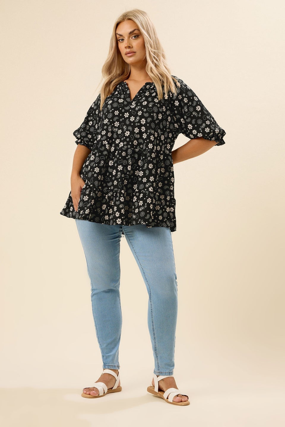 YOURS Curve Black Floral Paisley Print Tiered Top
