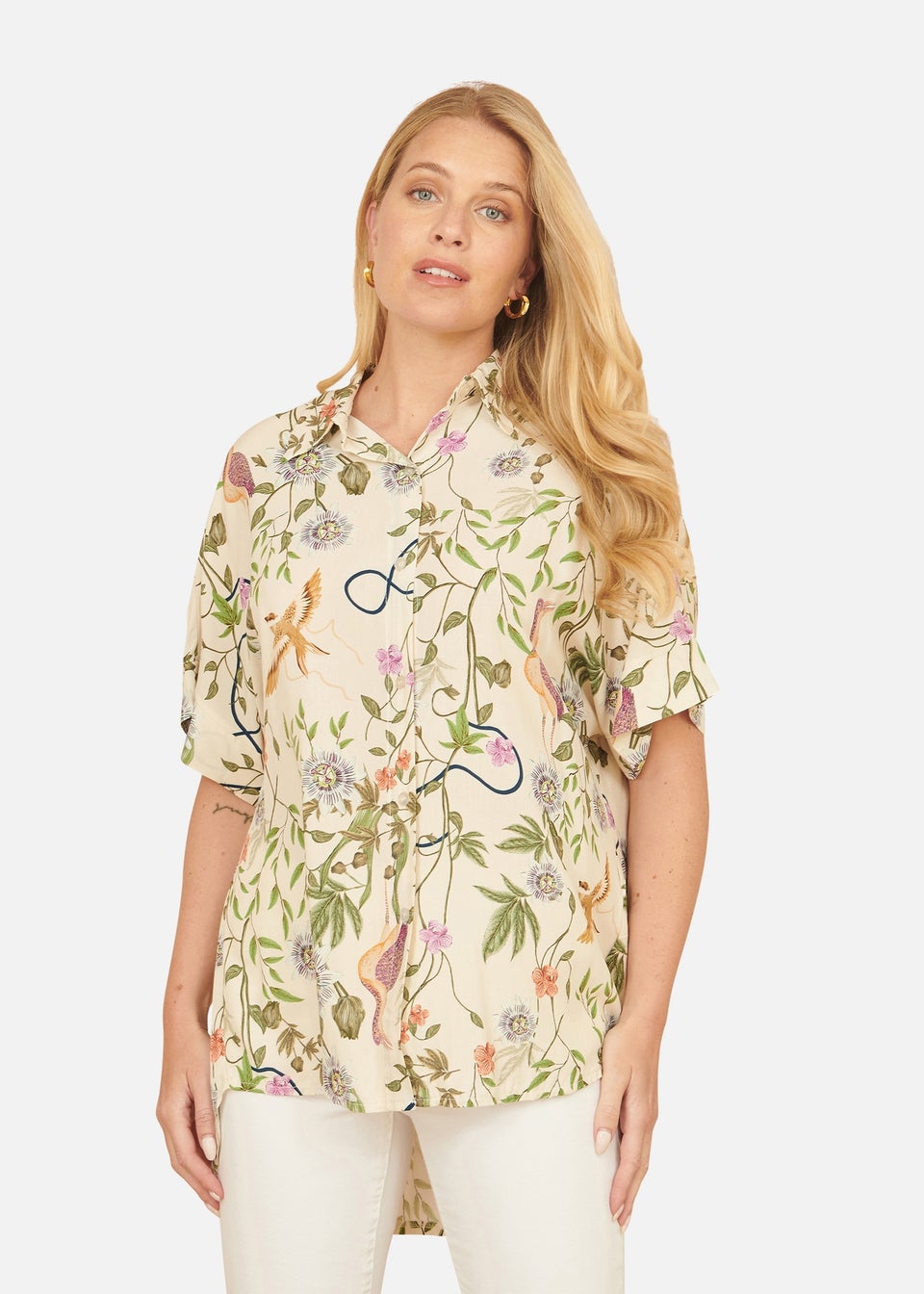 Yumi Beige Relaxed Fit Shirt With Botanical Print