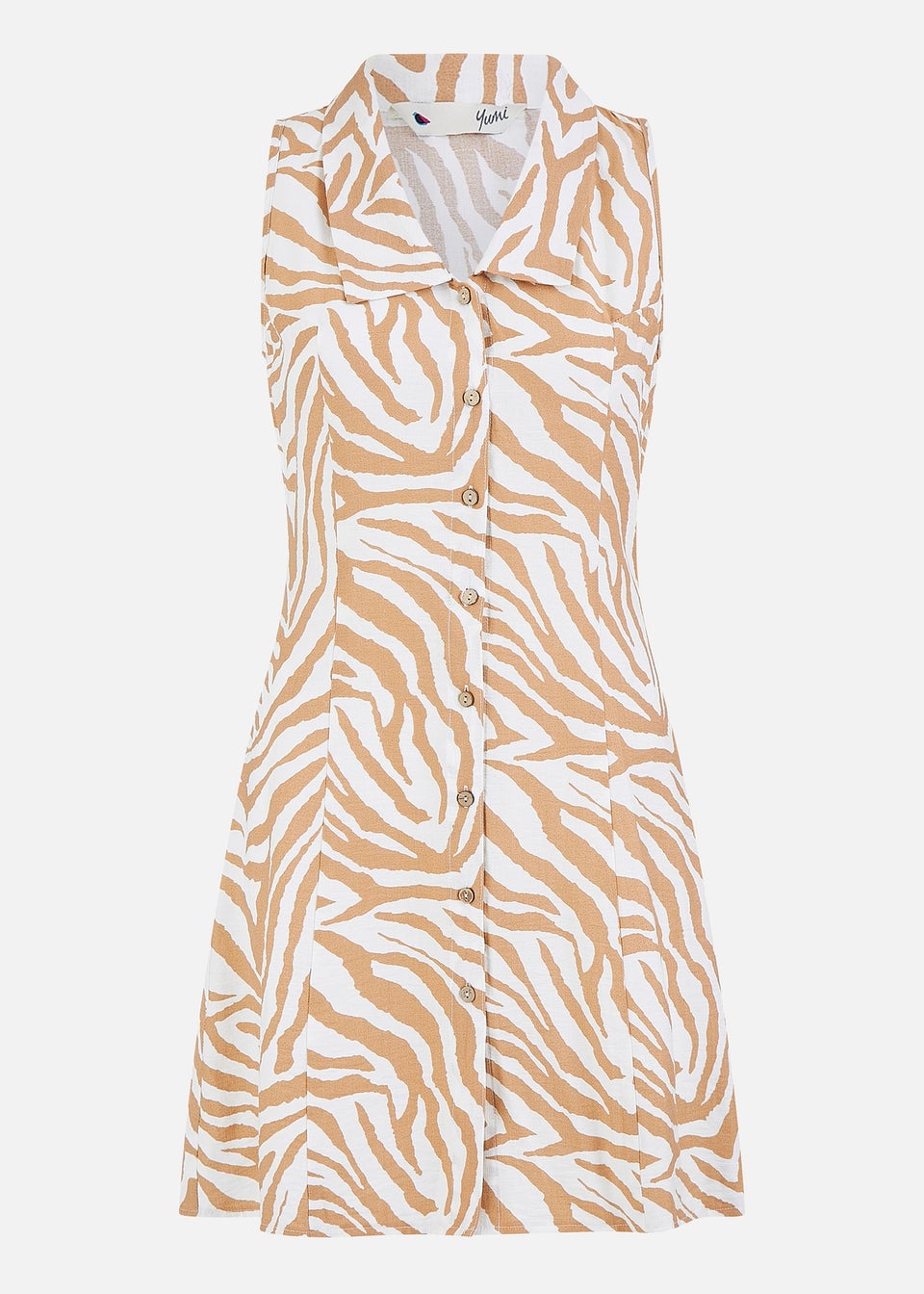 Yumi Brown Zebra Print Collar Sleeveless Shirt Mini Dress
