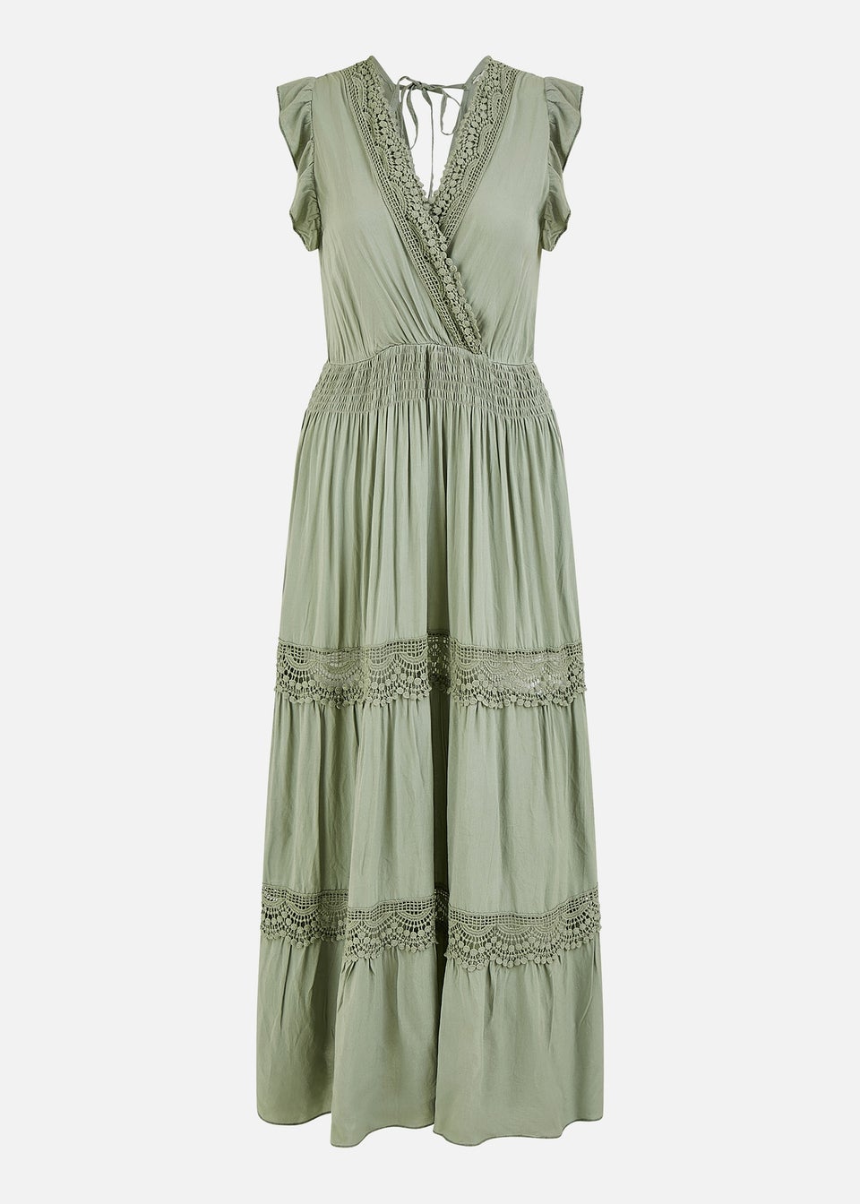 Yumi Green Viscose Lace Trim Wrap Maxi Dress