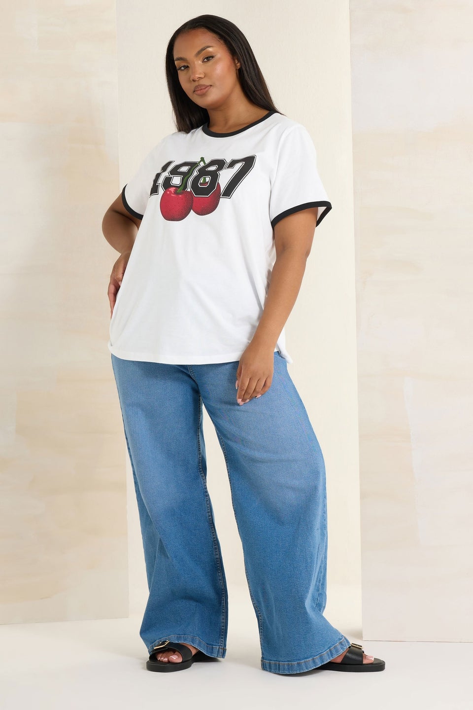 Yours Curve White '1987' Cherry Print T-Shirt