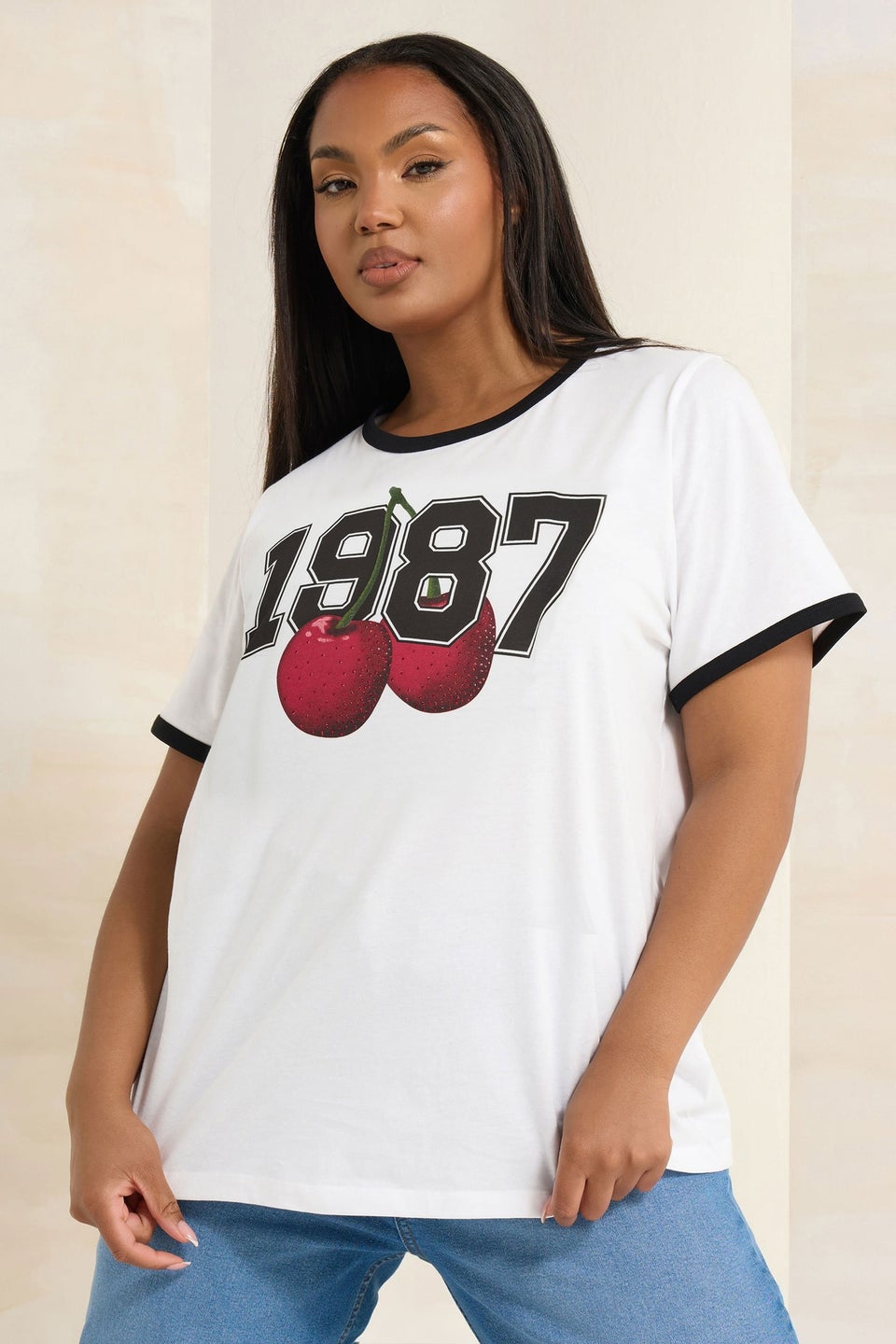 Yours Curve White '1987' Cherry Print T-Shirt