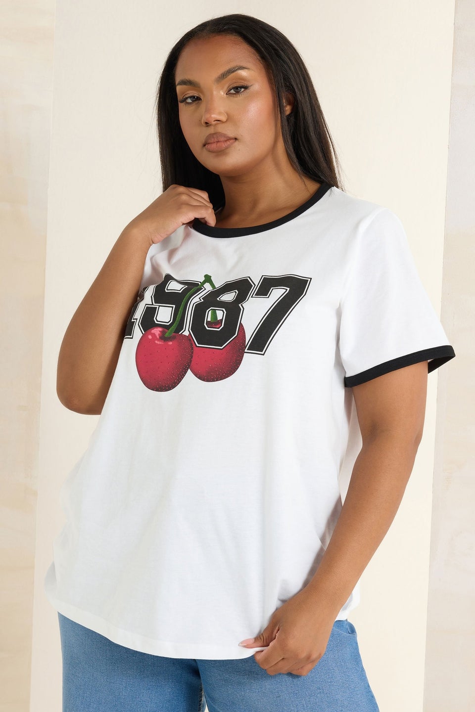 Yours Curve White '1987' Cherry Print T-Shirt