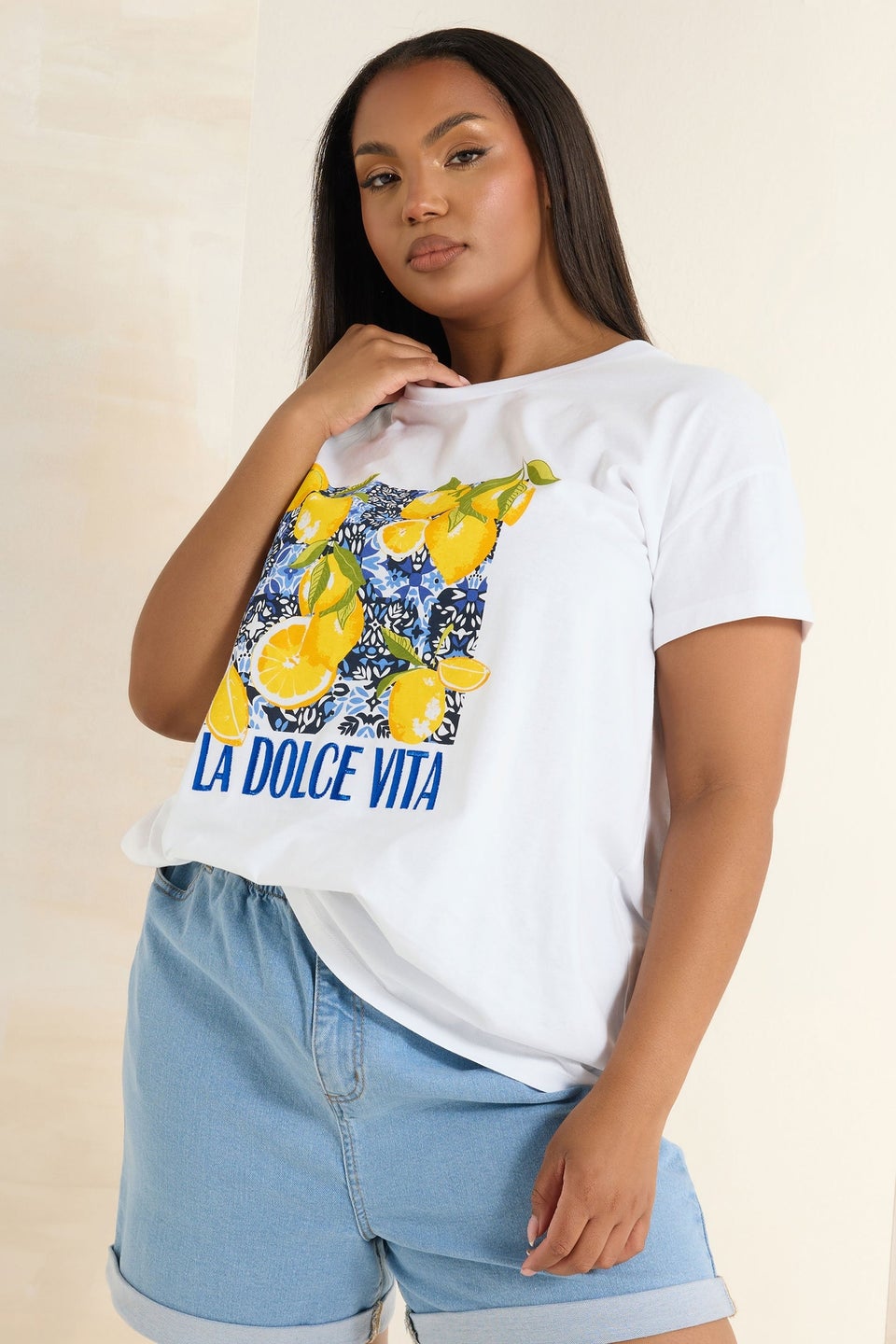 Yours Curve White 'La Dolce Vita' Lemon Graphic Oversized T-Shirt