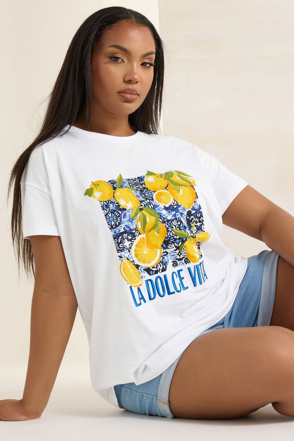 Yours Curve White 'La Dolce Vita' Lemon Graphic Oversized T-Shirt