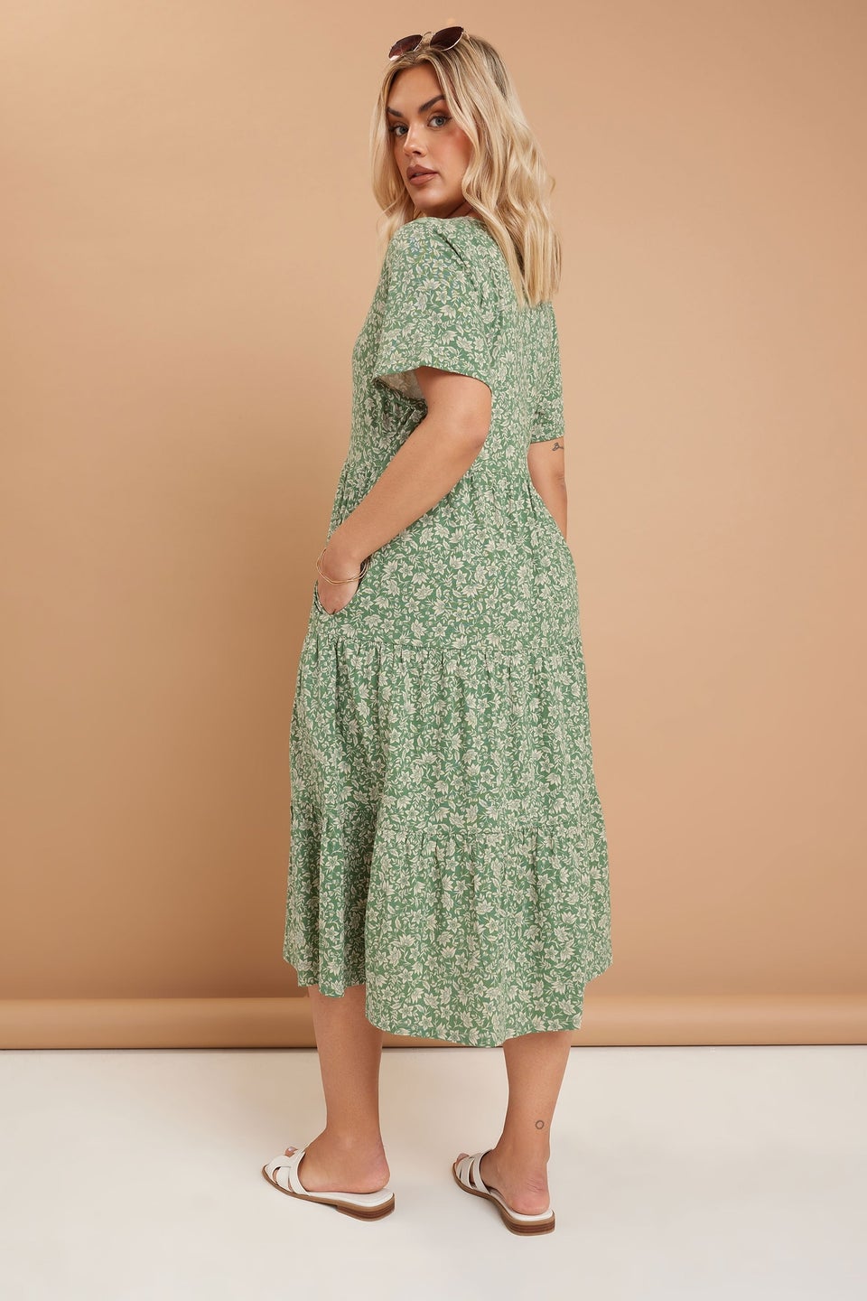 Yours Curve Green Floral Print Tiered Cotton Midaxi Dress