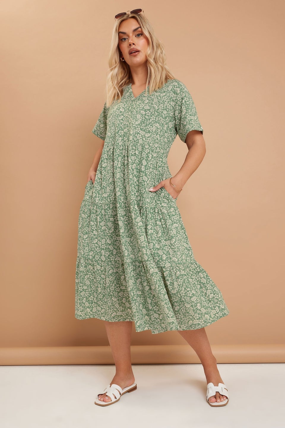 Yours Curve Green Floral Print Tiered Cotton Midaxi Dress