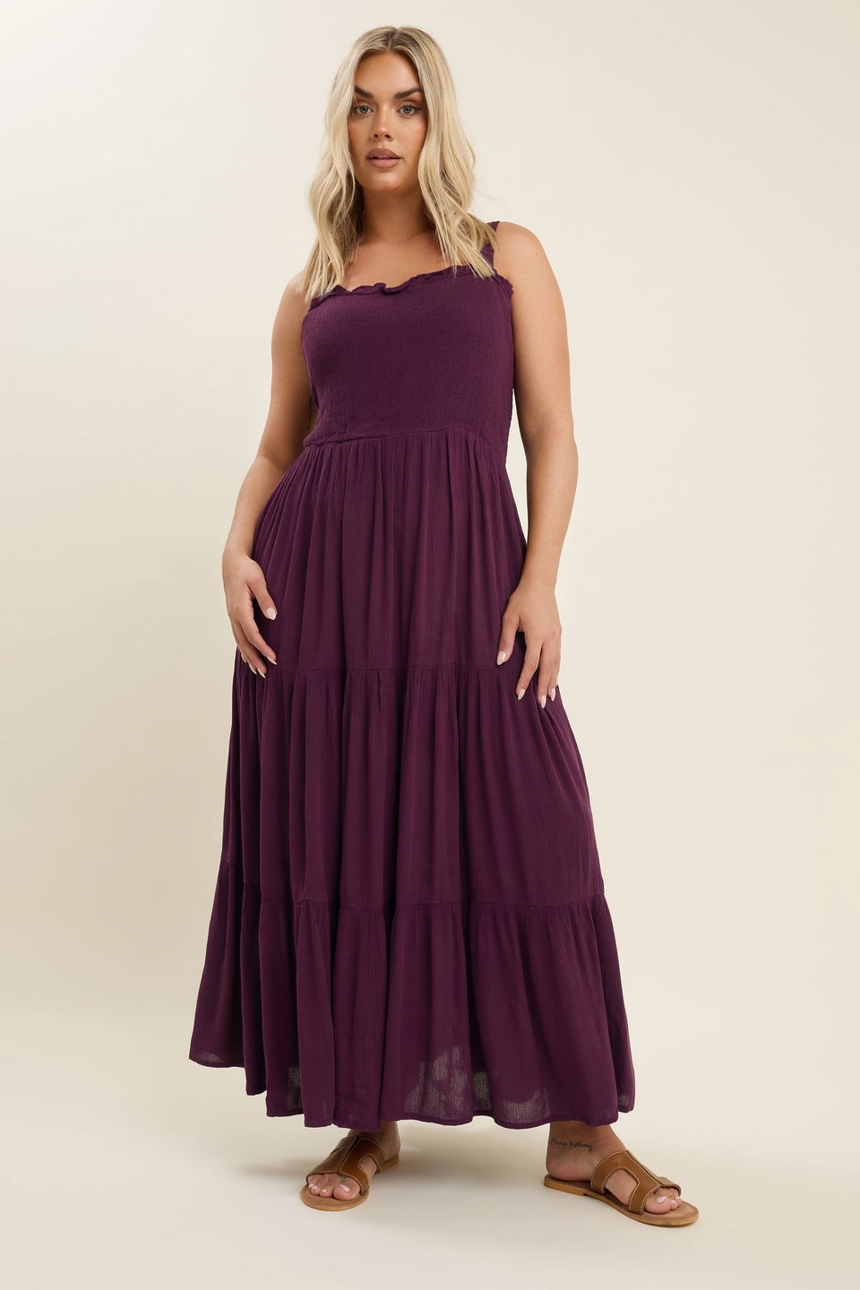 Yours Curve Dark Purple Shirred Tiered Maxi Dress