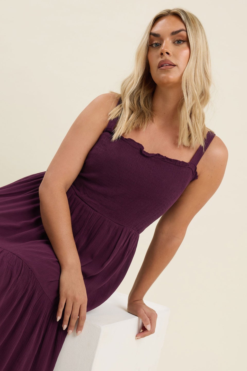 Yours Curve Dark Purple Shirred Tiered Maxi Dress