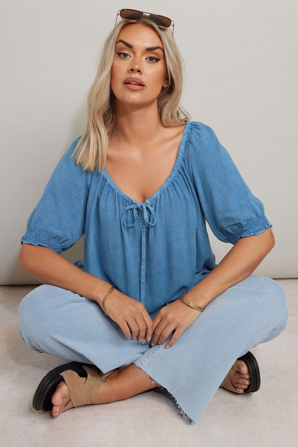 Yours Curve Blue Chambray Tie Neck Top