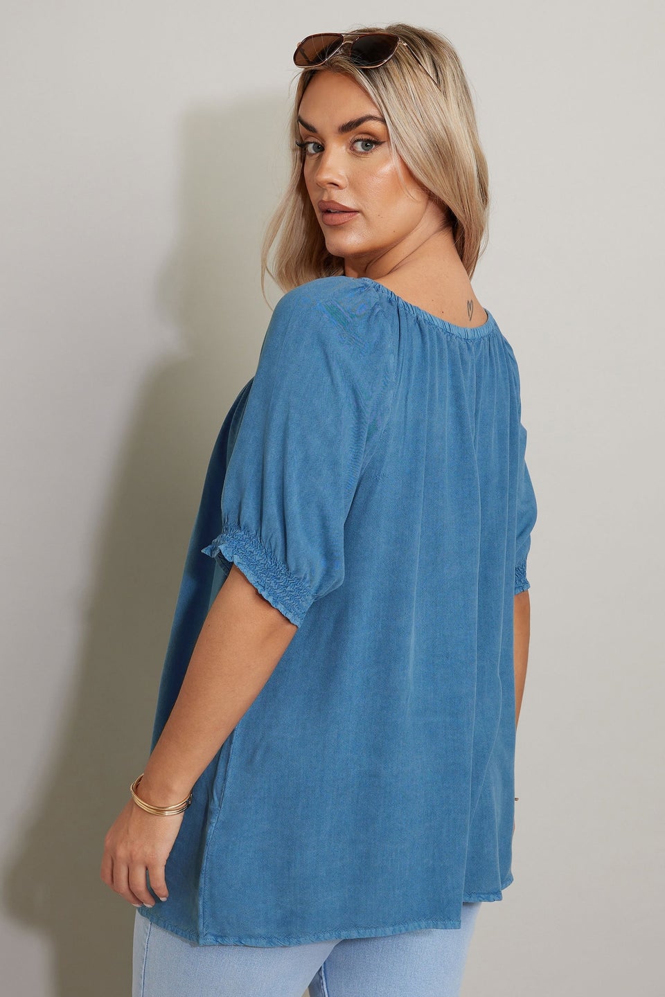 Yours Curve Blue Chambray Tie Neck Top