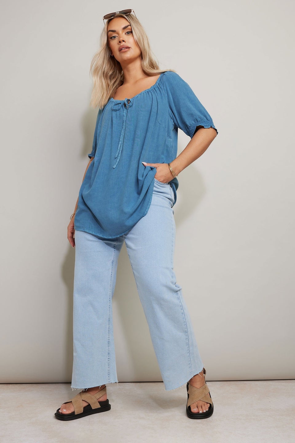 Yours Curve Blue Chambray Tie Neck Top