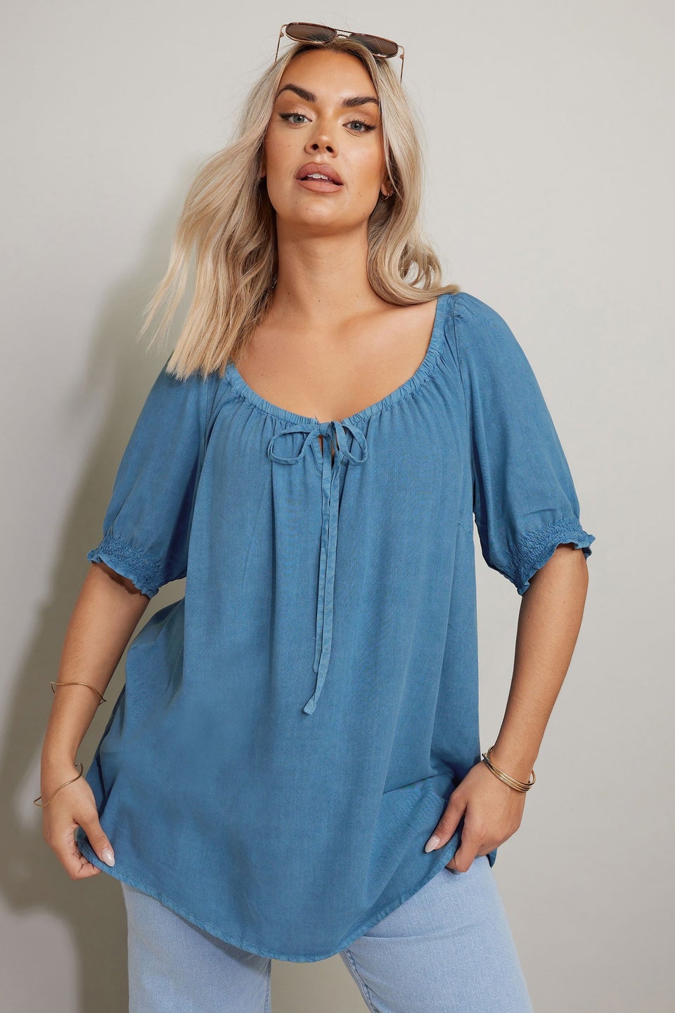 Yours Curve Blue Chambray Tie Neck Top