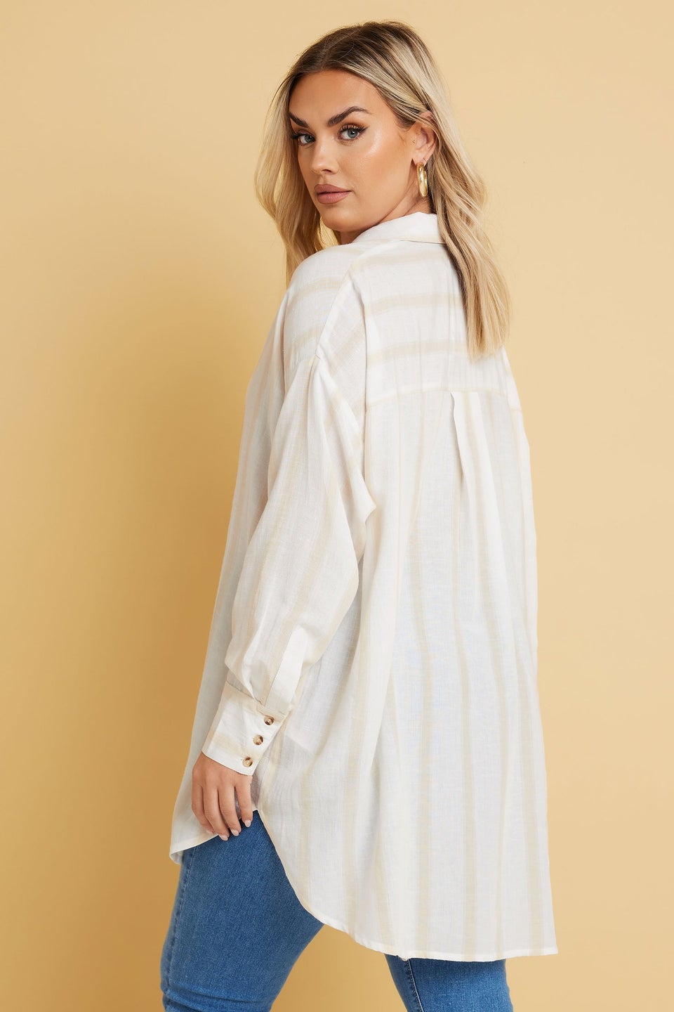 Yours Plus Size Natural Brown Stripe Linen Shirt  Yours Curve